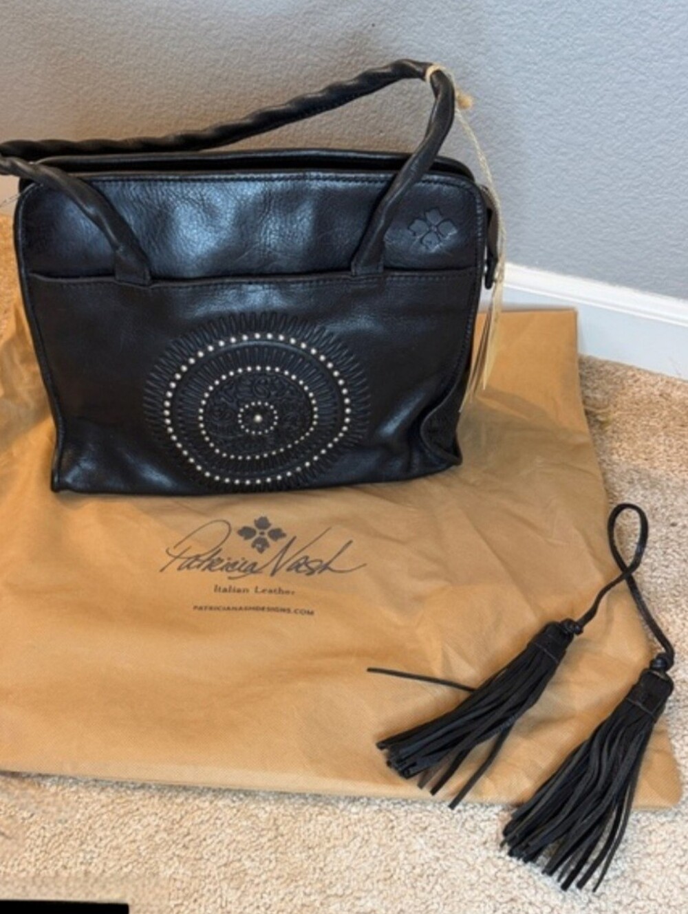 PATRICIA NASH Paris Tooled Italian Leather Tassel Satchel Bag in Black, NWT - Picture 3 of 9